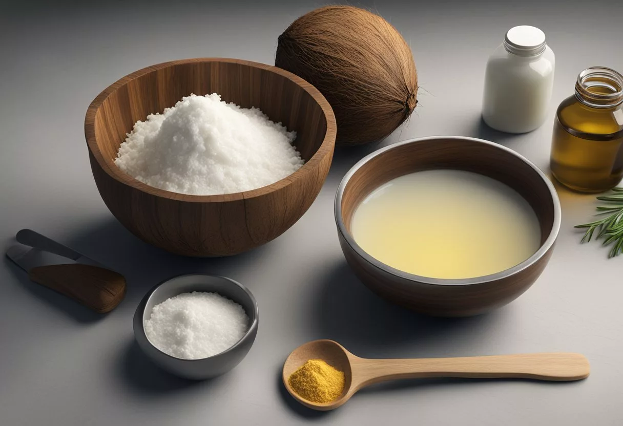 A table with ingredients and tools: coconut oil, shea butter, zinc oxide, essential oils, measuring spoons, mixing bowl, and a spatula