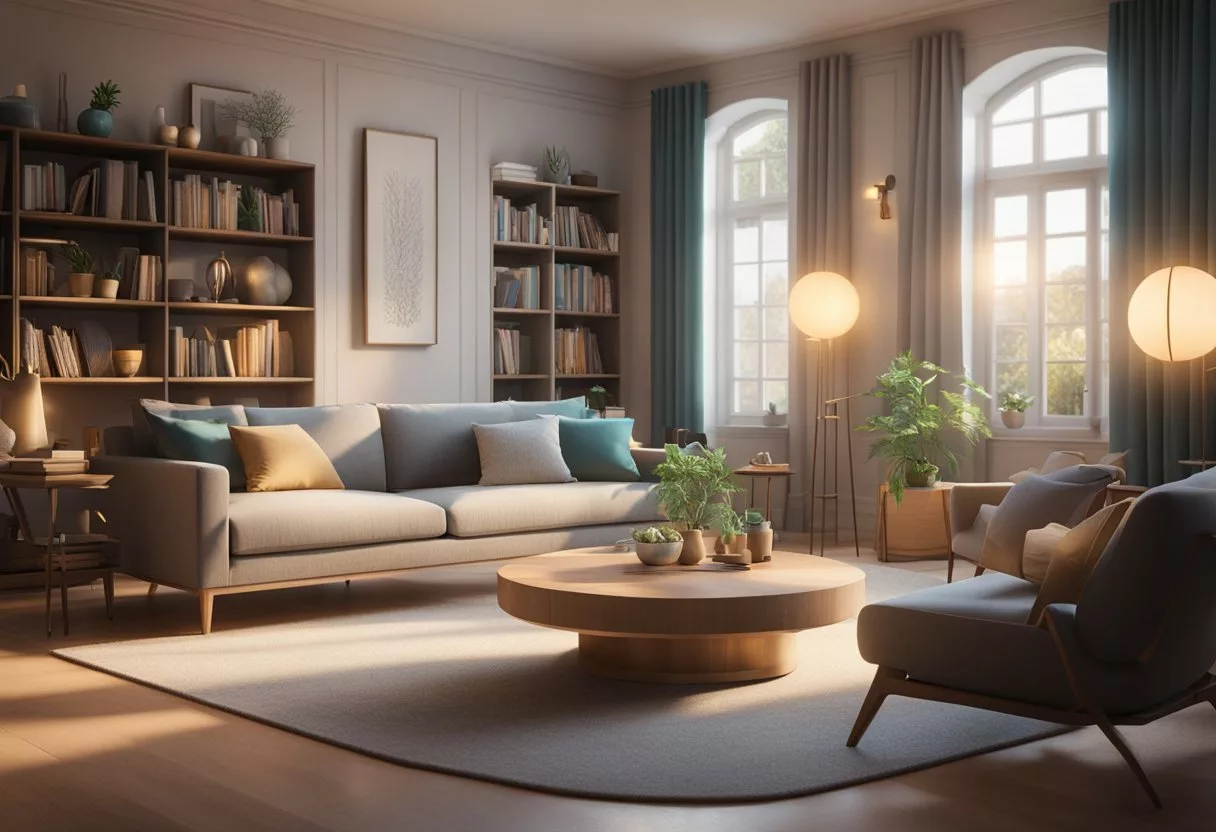 A cozy living room with soft lighting, comfortable furniture, and calming colors. A bookshelf filled with brain-stimulating activities and a soothing sound machine in the background