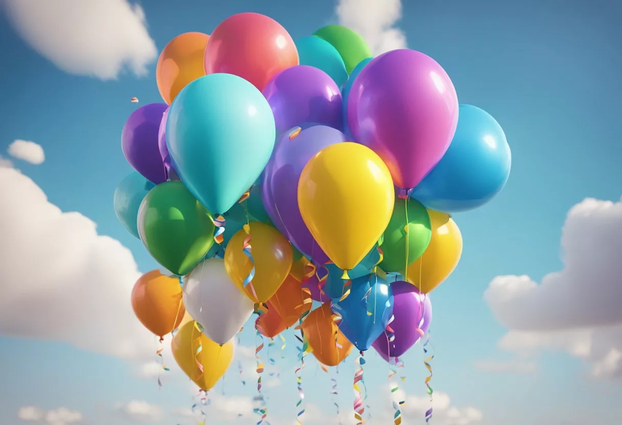 A group of colorful balloons floating in the sky, with vibrant ribbons trailing behind them, creating a sense of joy and celebration