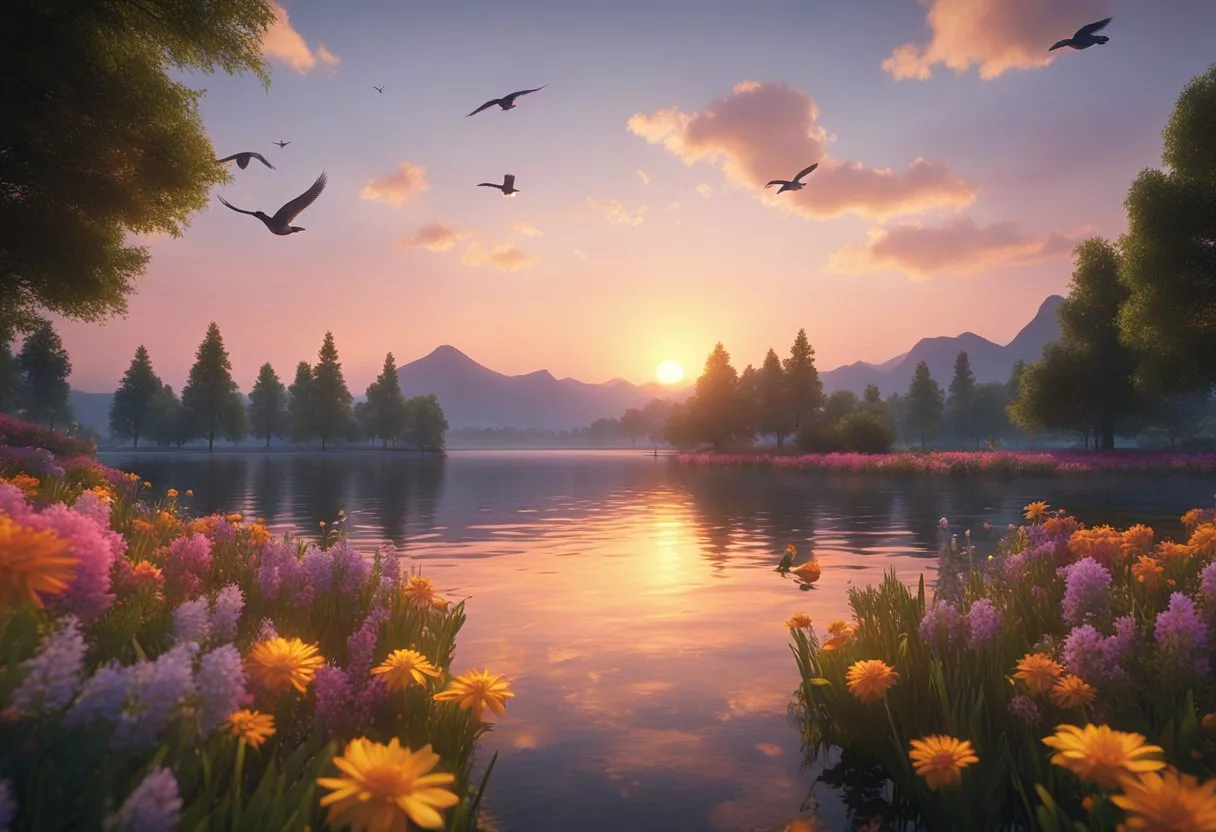 A colorful sunset over a serene lake, with vibrant flowers blooming and birds singing in the distance