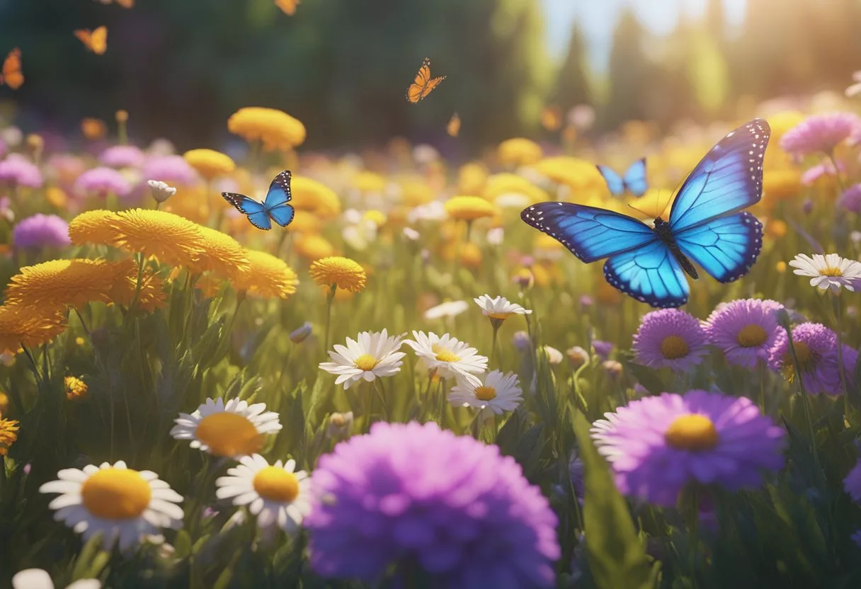 A bright, sunlit meadow with colorful flowers and butterflies fluttering around, evoking a sense of joy and contentment