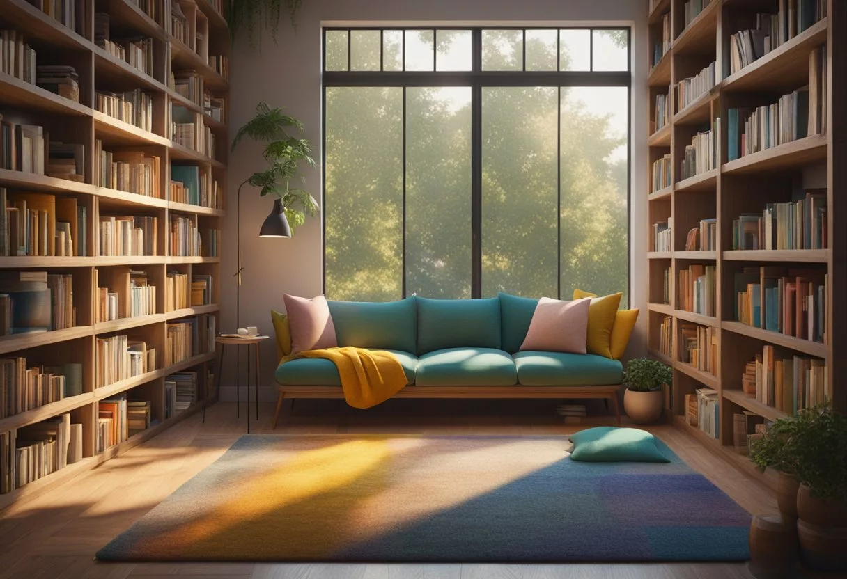 A colorful bookshelf filled with diverse books, a cozy reading nook with a soft blanket and a warm mug, surrounded by nature and natural light