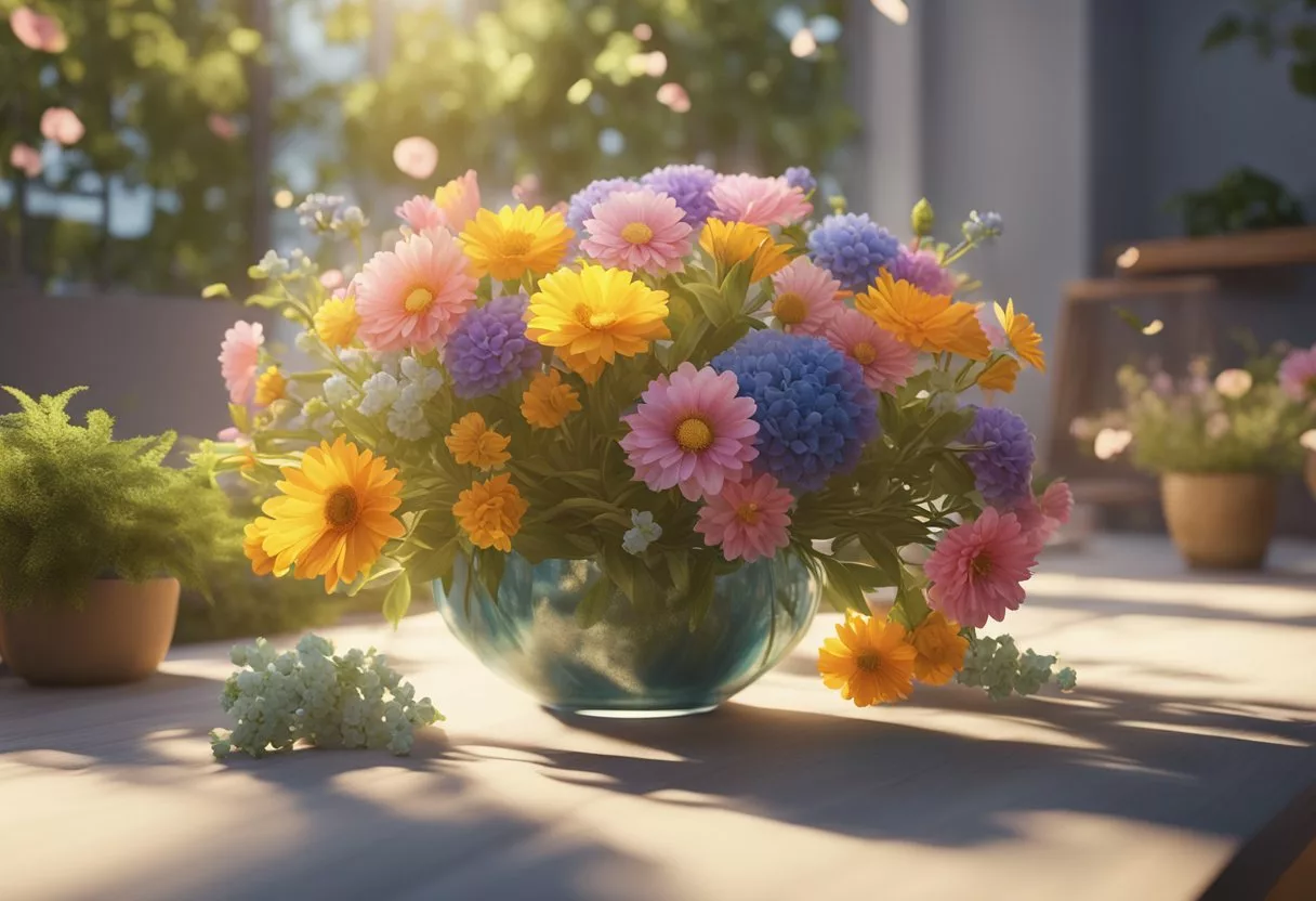 A colorful bouquet of flowers sways in the breeze, radiating joy and contentment. The sun shines down, casting a warm and inviting glow over the scene