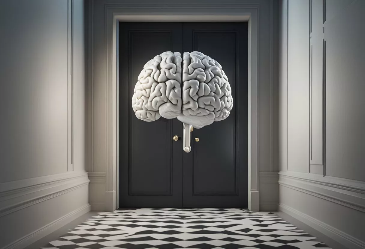 A brain surrounded by question marks, with a path leading to a bright, open door