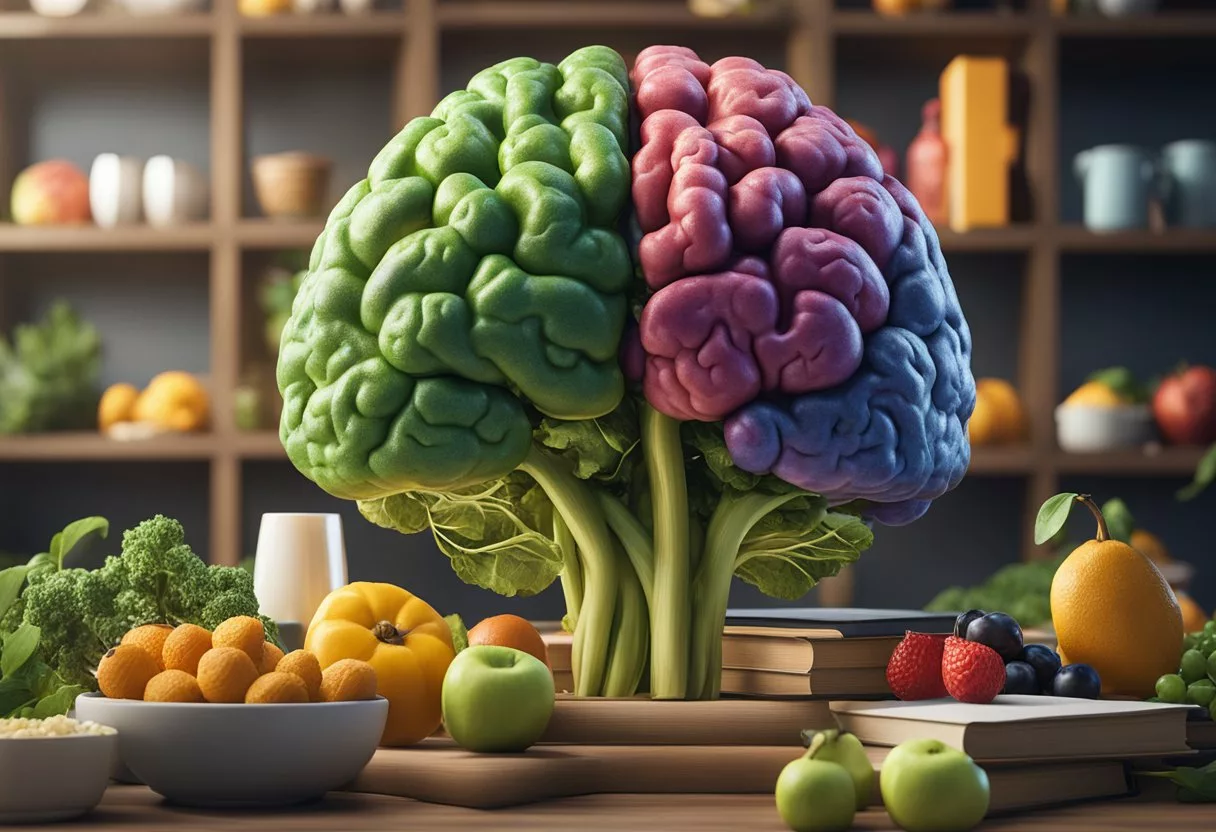 A vibrant brain surrounded by healthy foods, exercise equipment, books, and puzzles, with a calming environment and a sense of balance and mindfulness