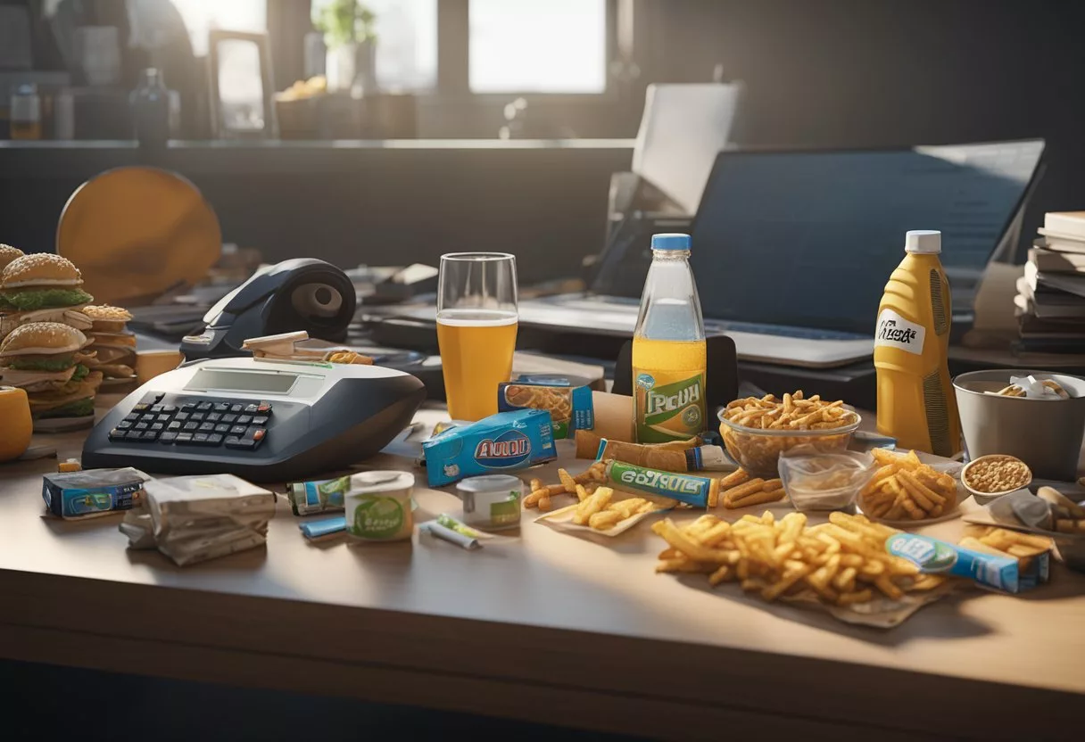 A cluttered desk with junk food, alcohol, and cigarettes next to a neglected exercise equipment