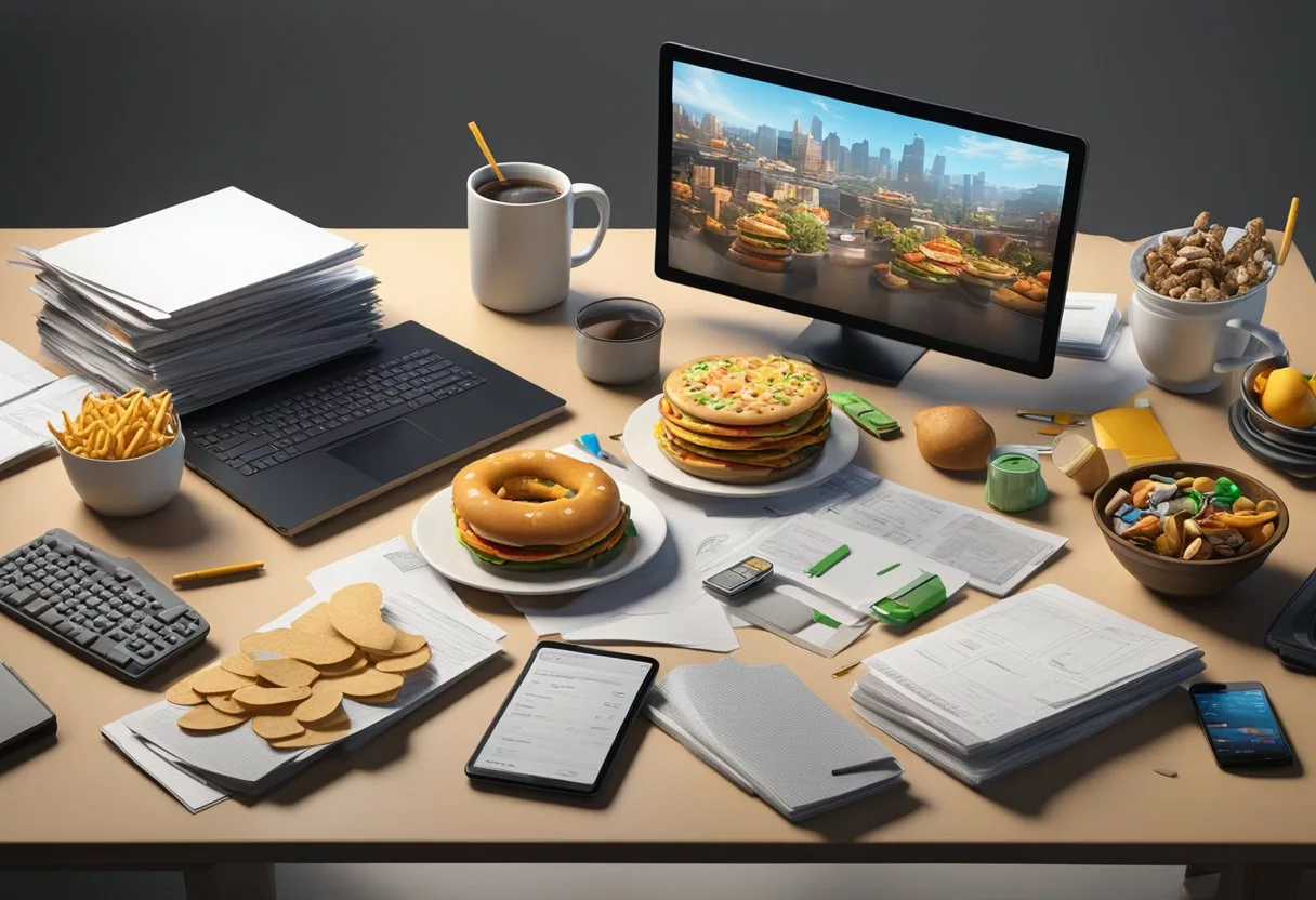 A cluttered desk with junk food, electronic devices, and stress-inducing paperwork