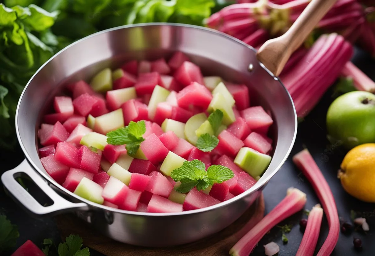Rhubarb stalks being chopped and simmered in a pot with sugar and water, surrounded by a variety of fresh fruits and ingredients for pairing