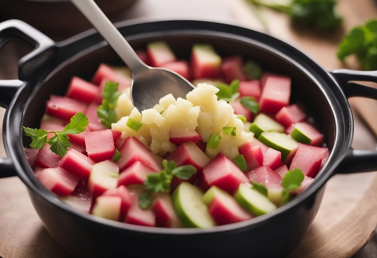 Rhubarb being sliced, simmered in a pot, then mashed with a spoon