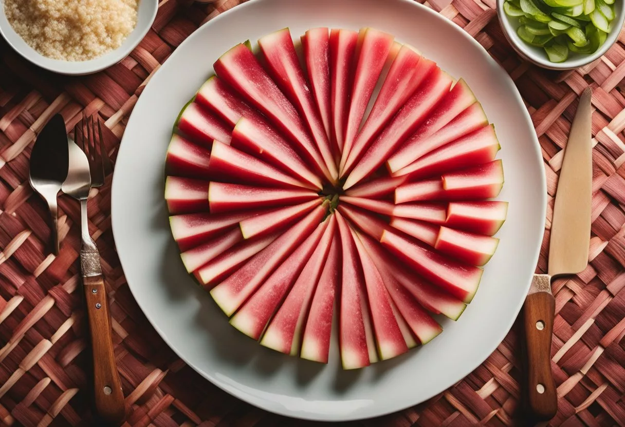 Rhubarb being sliced and arranged on a platter with garnish
