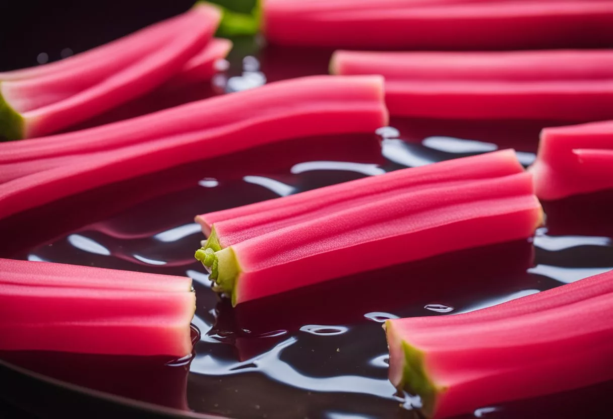 Rhubarb stalks simmer in a pot of sugar and water, releasing their vibrant red color and sweet-tart aroma