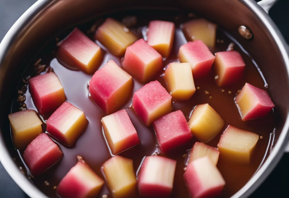 Rhubarb being simmered in a pot with sugar, vanilla, and cinnamon, emitting a sweet and tangy aroma