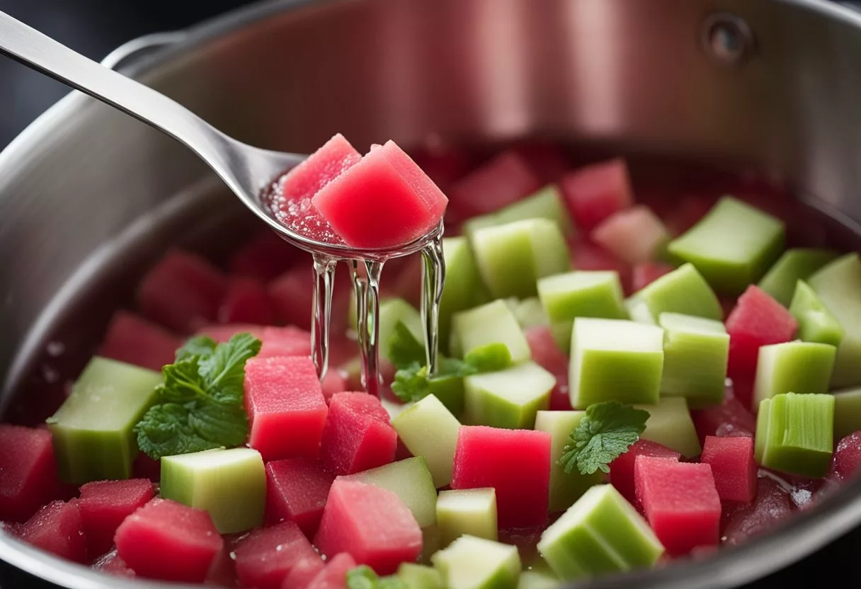 A pot simmering with chopped rhubarb, sugar, and water. Steam rising, vibrant red color