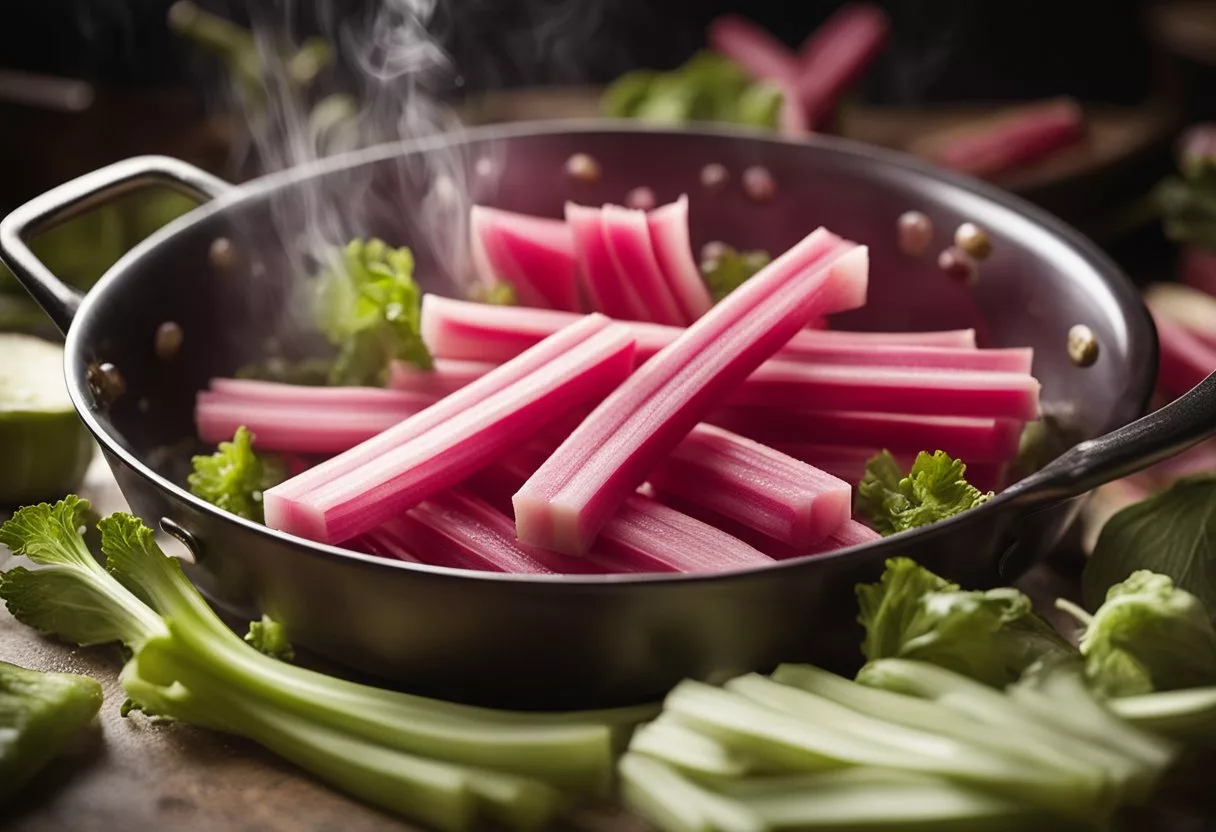 Rhubarb stalks being chopped and simmered in a pot with sugar and water, releasing steam and creating a sweet and tangy aroma