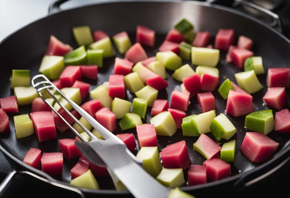 Rhubarb being chopped and cooked on a sizzling pan for a social media cooking demonstration