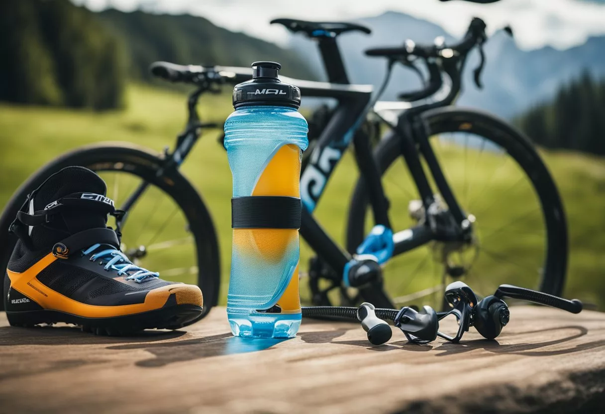 Cyclist's water bottle with electrolyte drink, surrounded by sports equipment and outdoor scenery