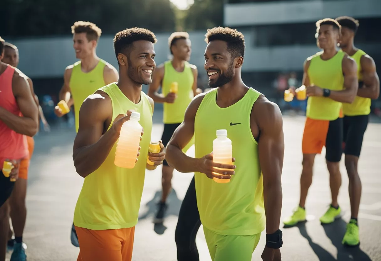 A group of athletes hydrating with electrolyte drinks during a workout, with sweat glistening on their skin and energy levels visibly rising