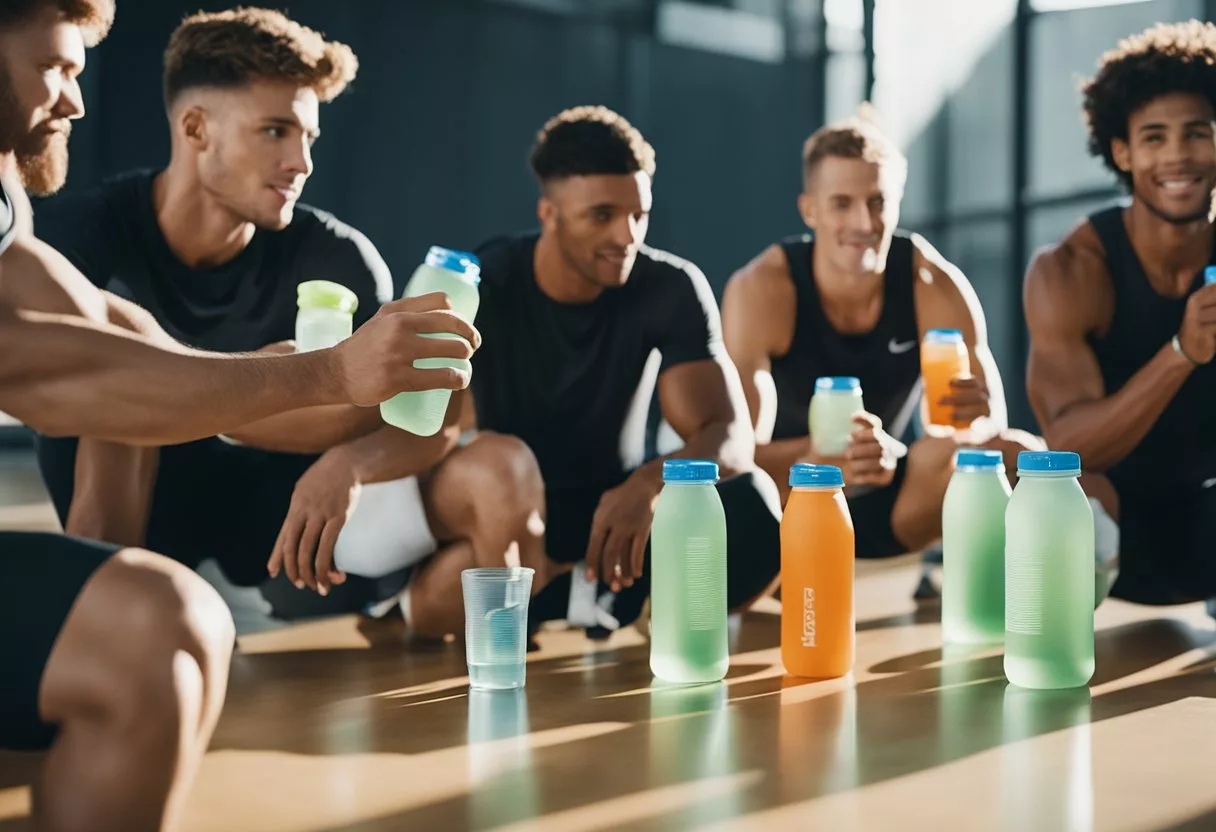 A group of athletes are shown drinking electrolyte drinks before and after their workout, with bottles and packaging prominently displayed