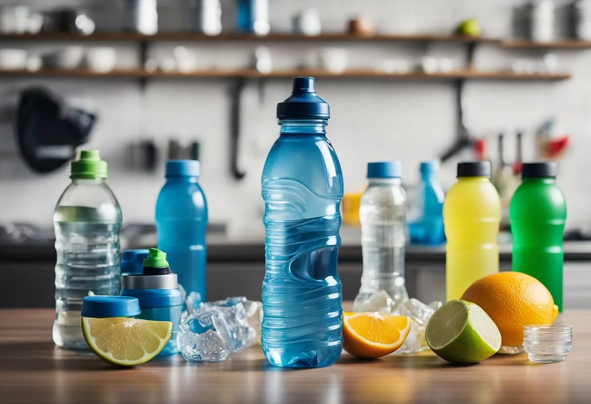 A table with various electrolyte drink bottles, sports equipment, and a water bottle. Bright colors and energetic feel