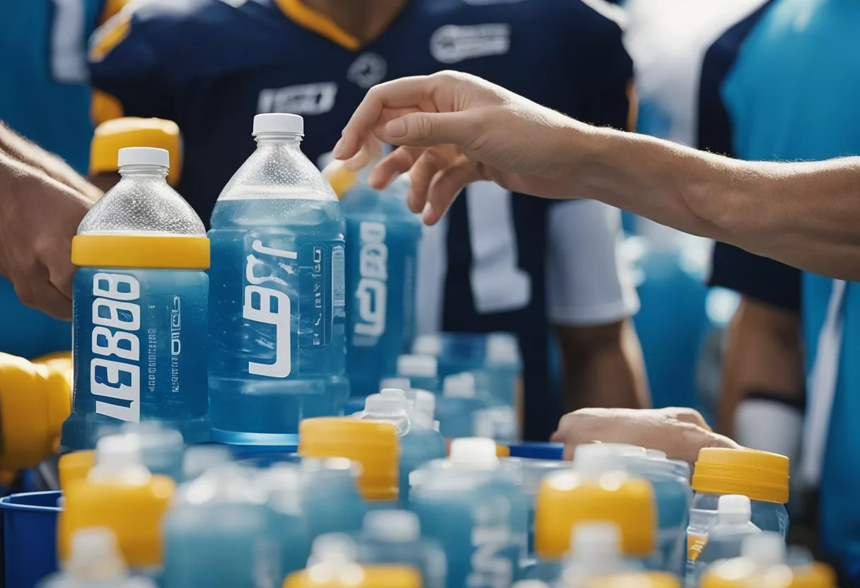 Athletes grab electrolyte drinks from a cooler, hydrating during a break in their game. Bottles and cups are scattered on a sideline table