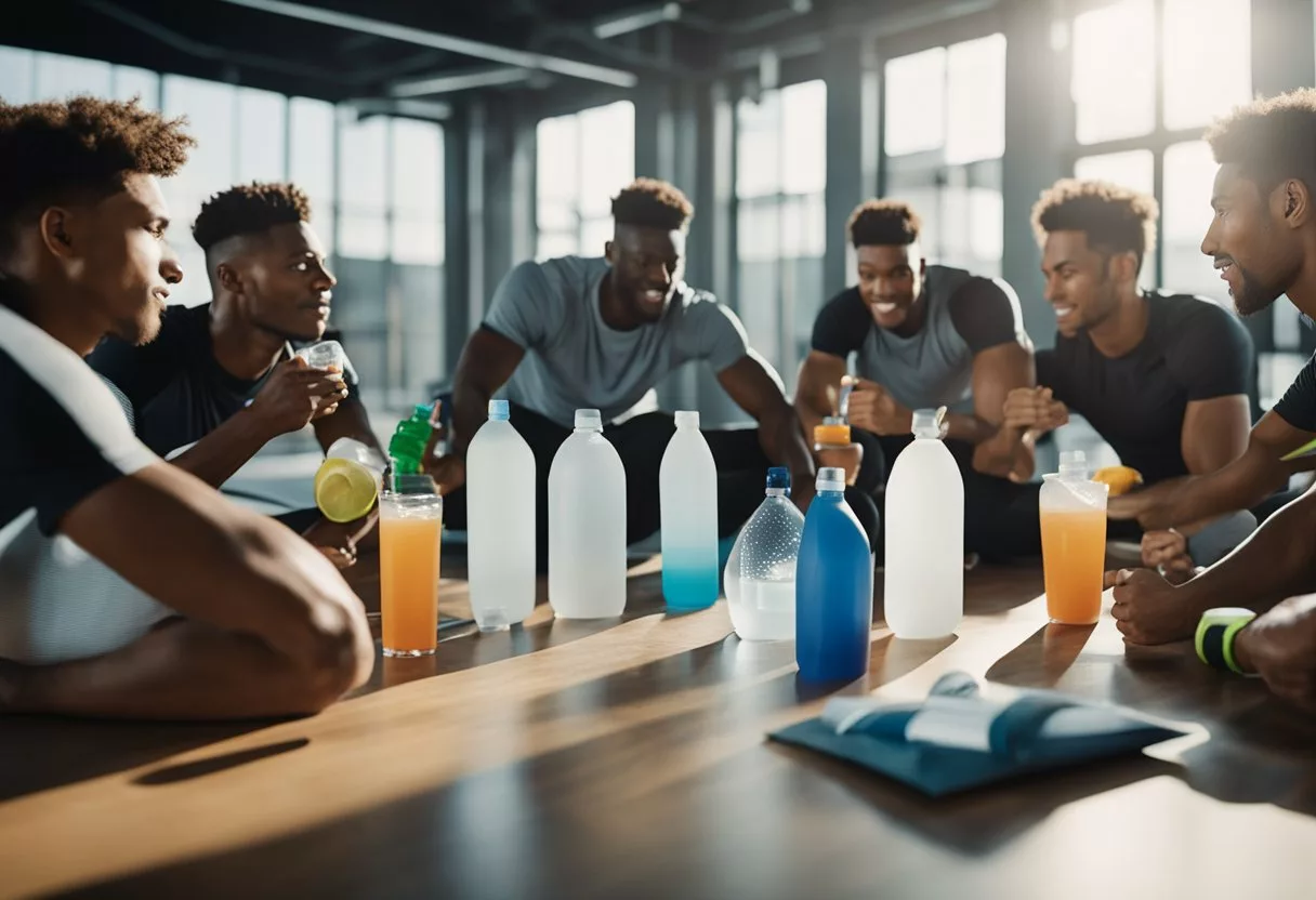 A group of athletes drinking electrolyte drinks after a workout, with various sports equipment and research papers scattered around the room