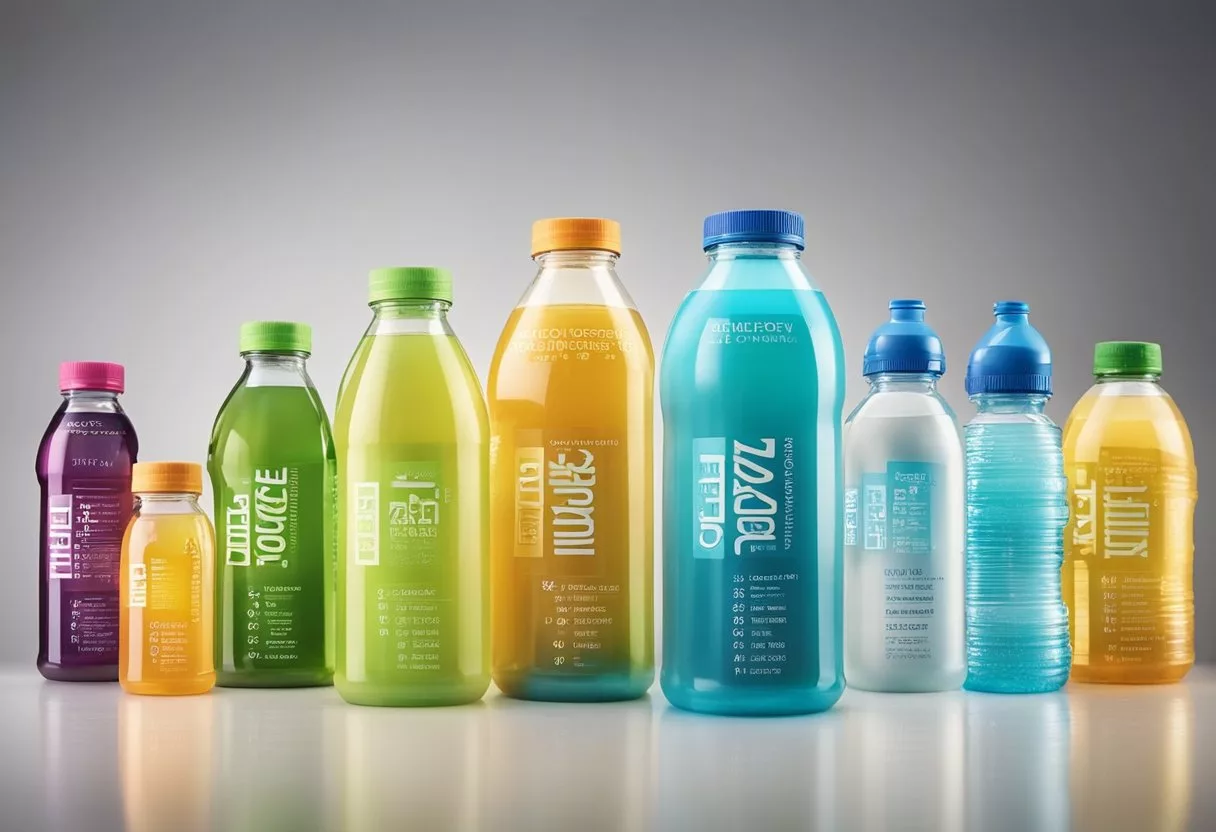 Various electrolyte drinks arranged by health condition: sports, illness, pregnancy, and hydration. Colorful bottles with labels