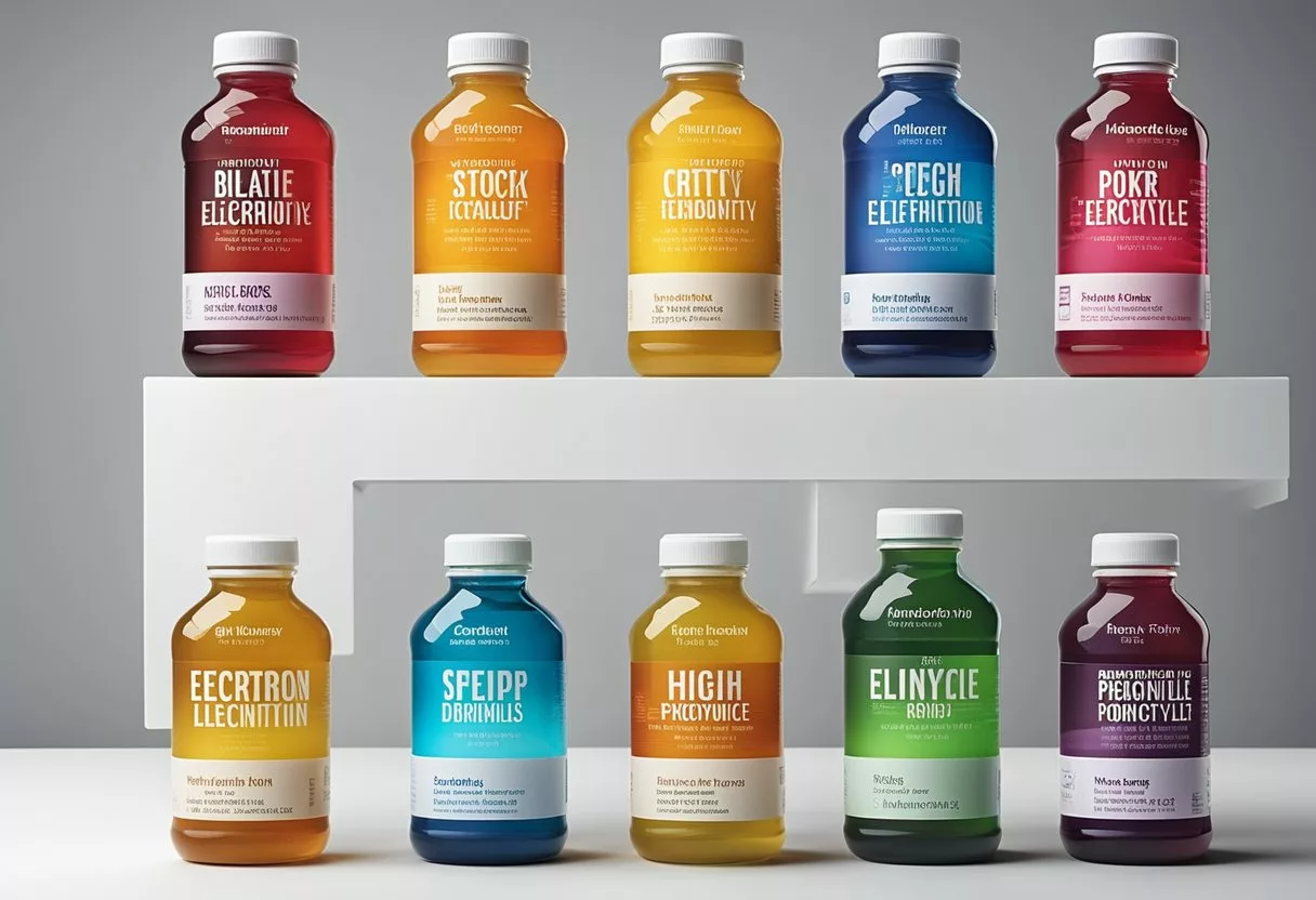 A variety of electrolyte drinks displayed with labels for different health conditions