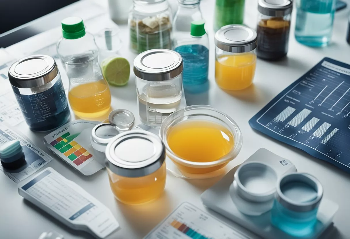 A laboratory table with various electrolyte drink formulations and ingredients, alongside charts and graphs showing trends in health conditions