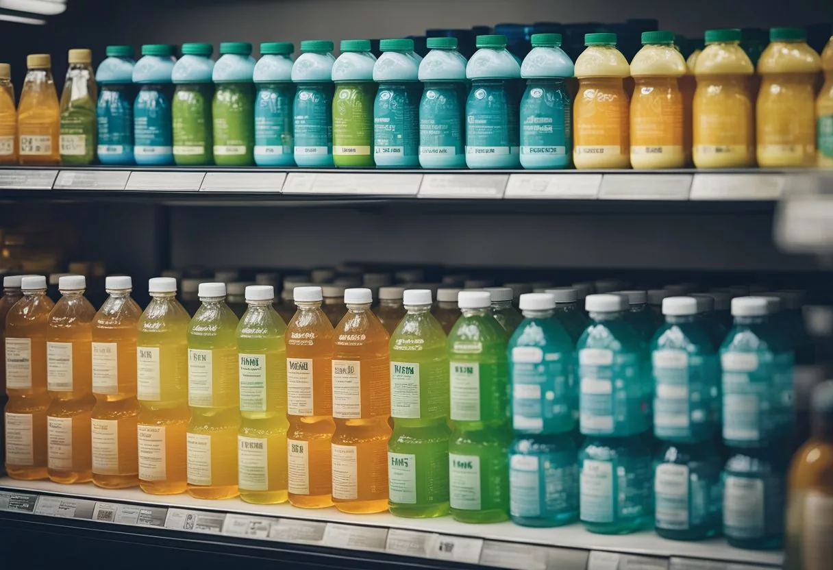 A variety of electrolyte drinks displayed on a shelf with labels indicating different health conditions
