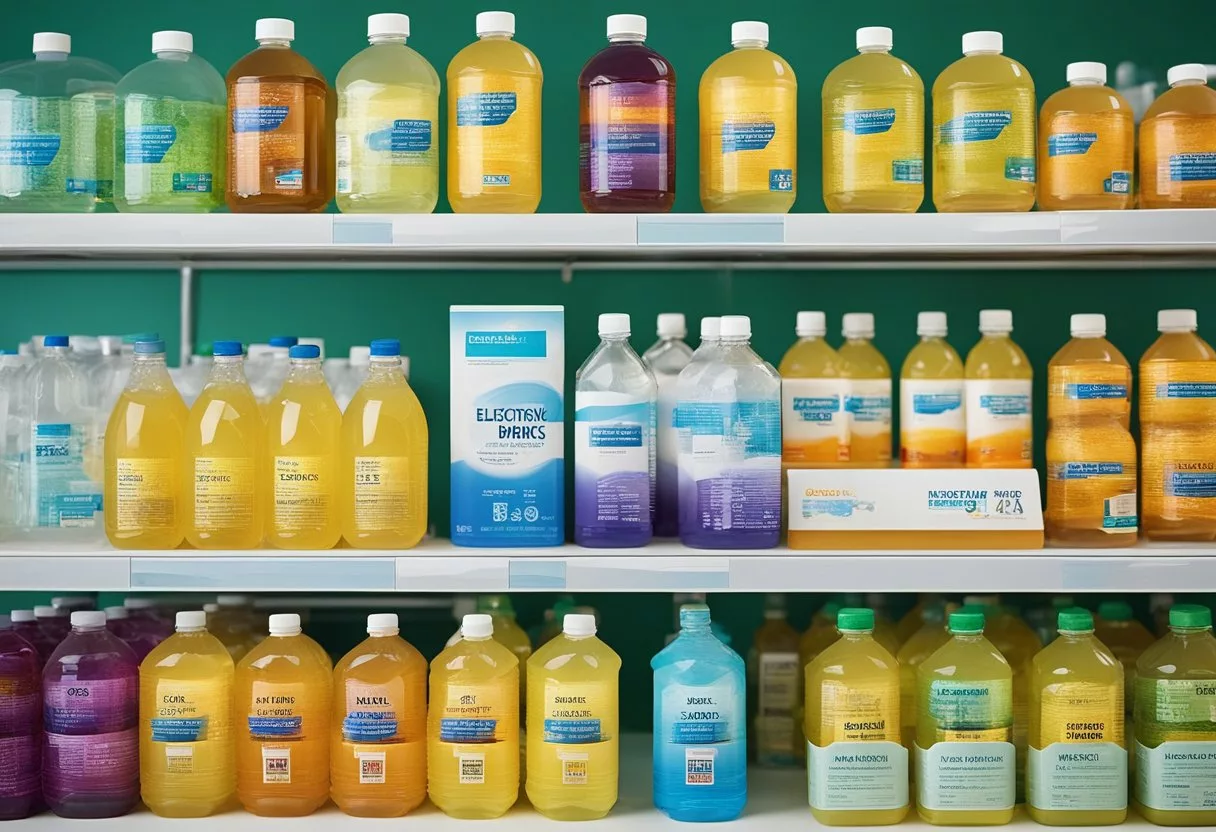 Various electrolyte drinks displayed for different health conditions. Labels show specific uses. Bright, clean background