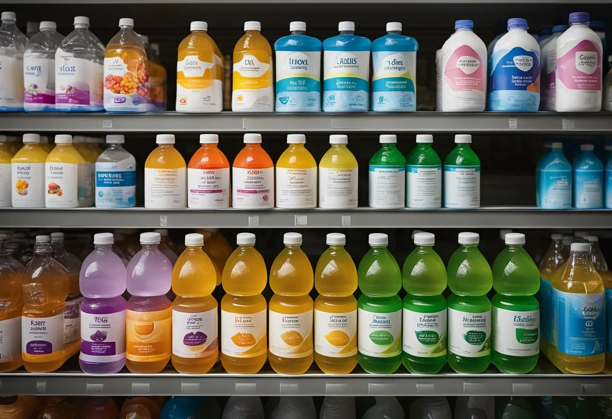A variety of electrolyte drinks displayed on a shelf, with labels indicating their use for high blood pressure and different health conditions