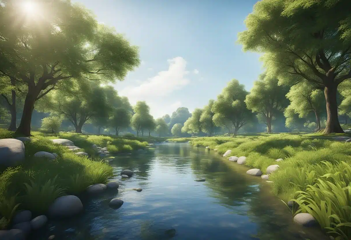 A serene park with a clear blue sky, lush green trees, and a peaceful river flowing, evoking a sense of calm and tranquility