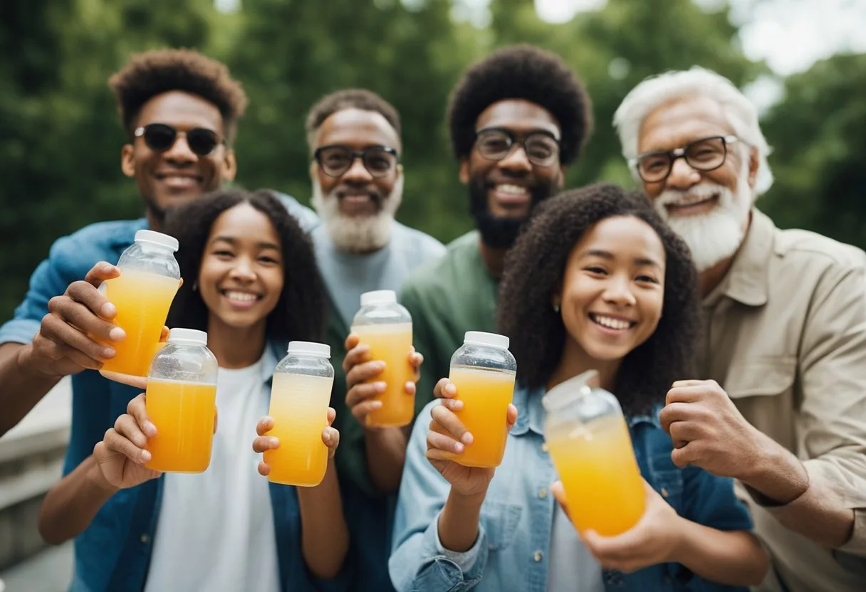 A group of diverse individuals of varying ages holding electrolyte drinks