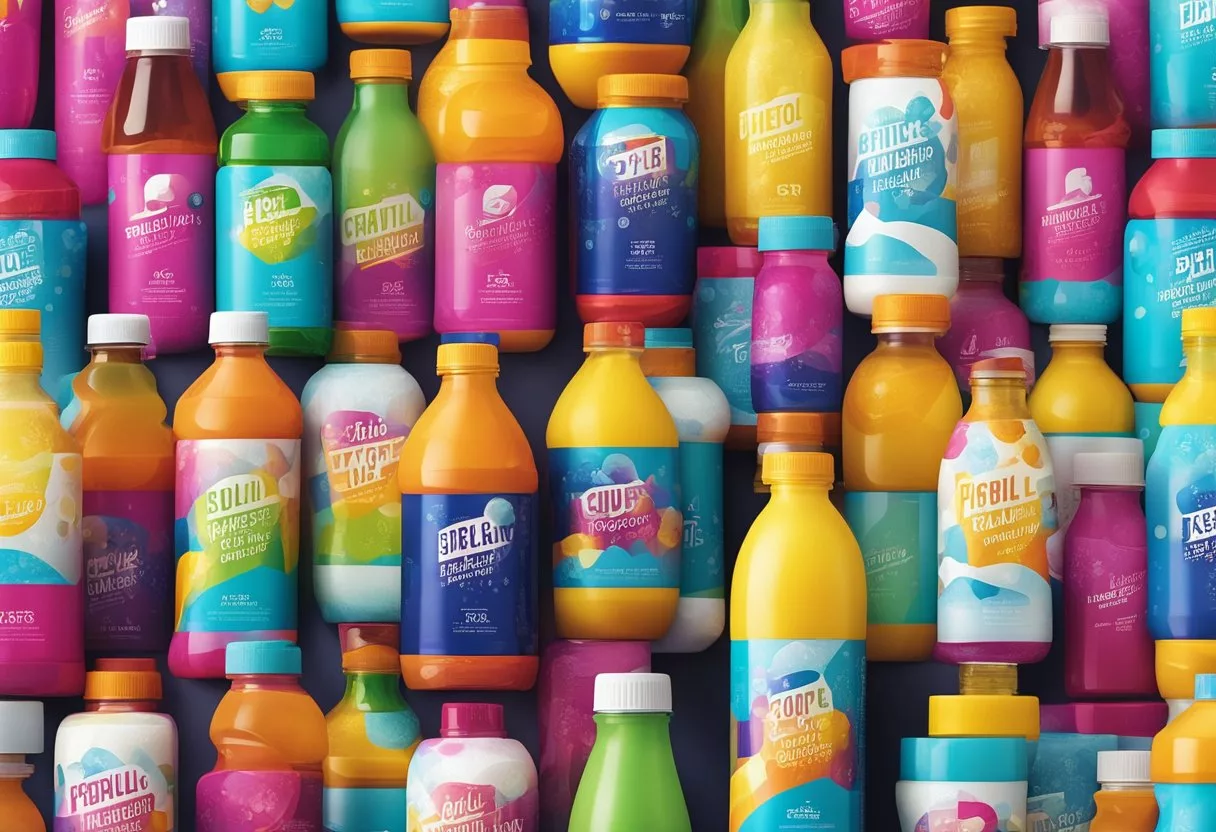 Different age groups with electrolyte drinks: children with colorful, fun packaging, teens with sporty designs, and adults with sleek, sophisticated bottles