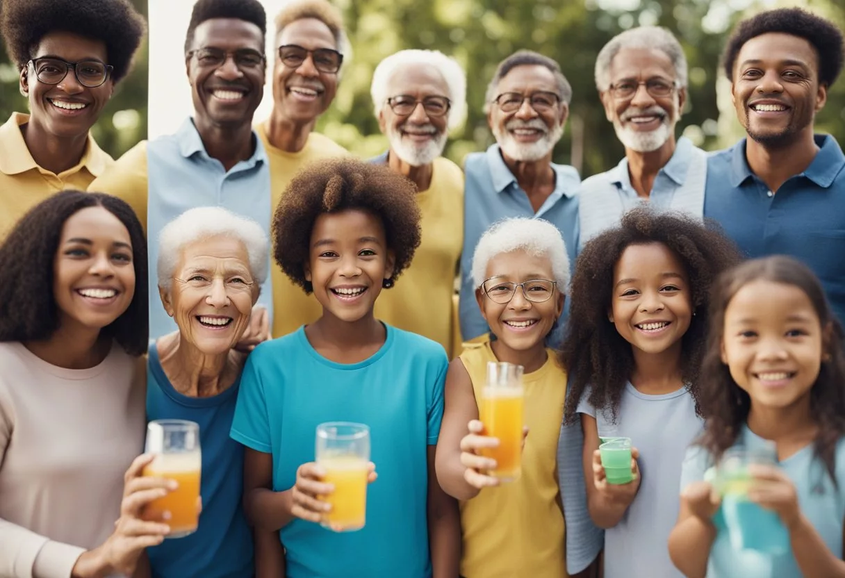 A diverse group of people of different ages, from children to seniors, holding electrolyte drinks and smiling