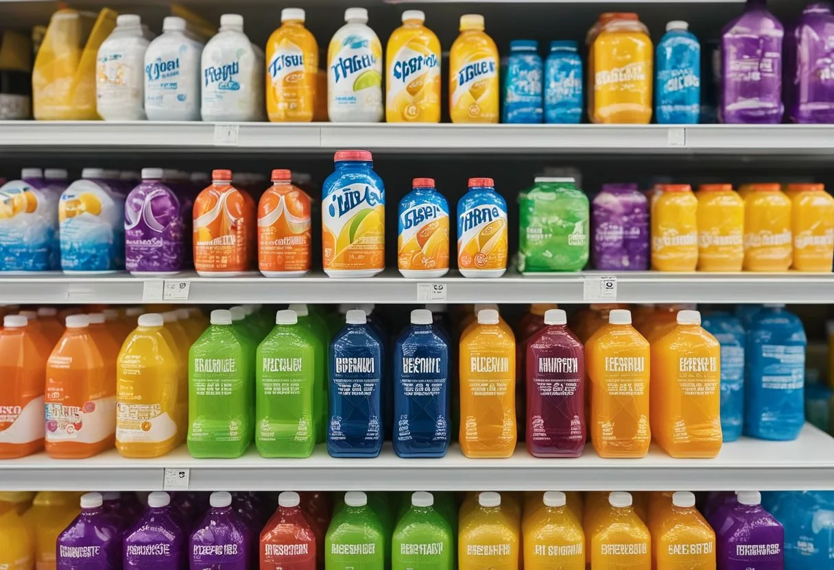 Various electrolyte drinks arranged on shelves in a market, with colorful packaging indicating different age groups