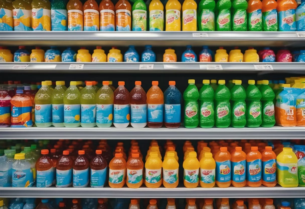 Different age groups with electrolyte drinks, from children to adults, displayed in colorful packaging on a shelf
