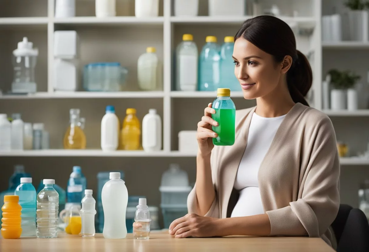 A pregnant woman holding a bottle of electrolyte drink, surrounded by items to manage common pregnancy symptoms like nausea, fatigue, and dehydration