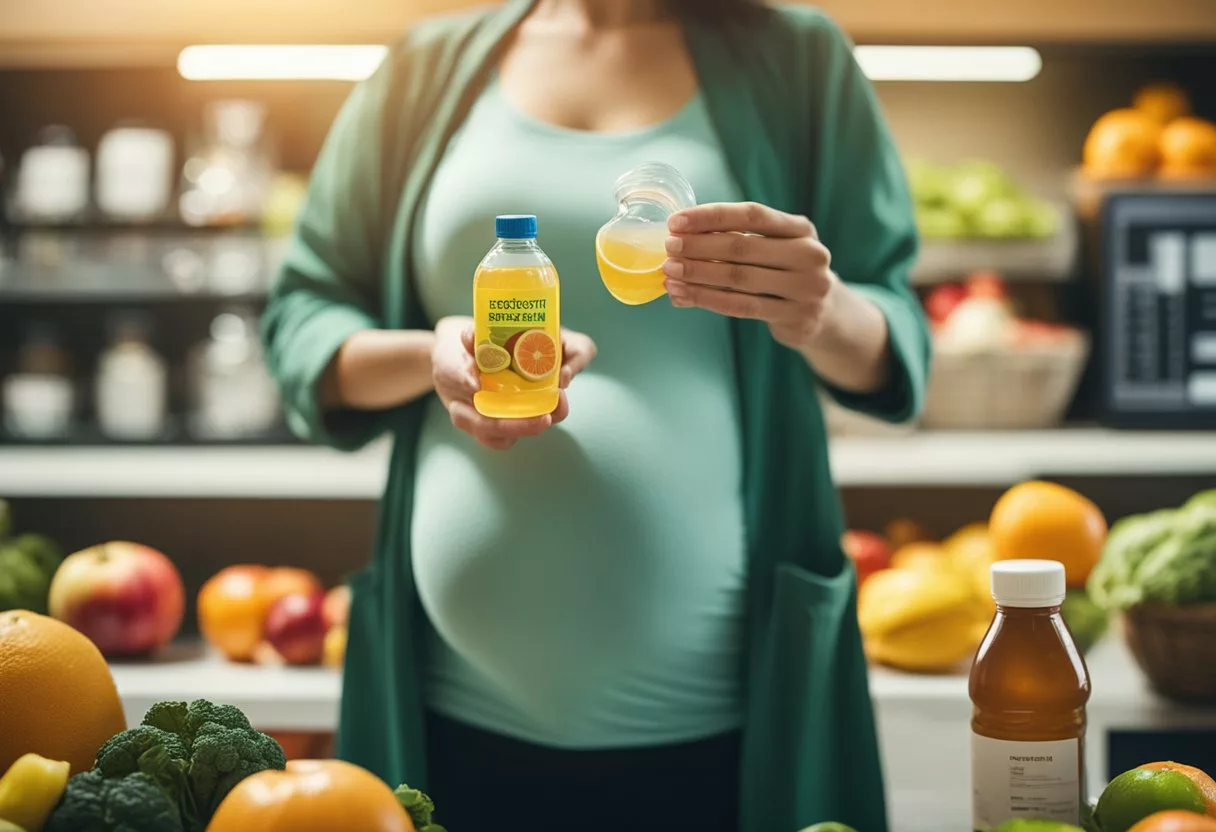 A pregnant woman holding a bottle of electrolyte drink, surrounded by fruits and vegetables, with a doctor's approval stamp in the background