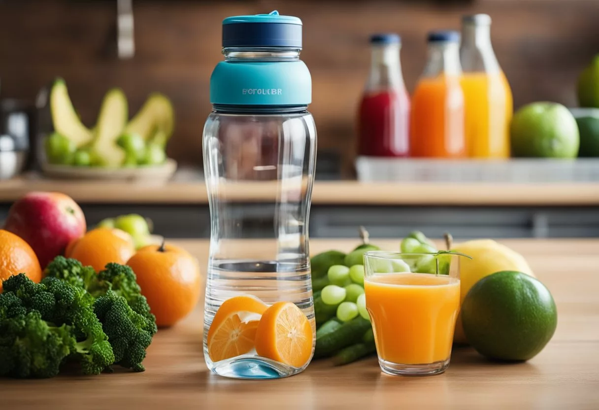 A pregnant woman's water bottle surrounded by colorful fruits and vegetables, with a glass of electrolyte drink nearby