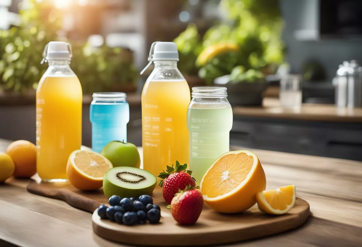 A table with various electrolyte drinks, fruits, and water bottles. Labels highlight benefits for pregnant women