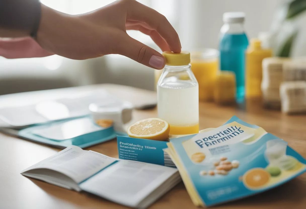 A woman's hand reaching for a bottle of electrolyte drink, surrounded by prenatal vitamins and a soothing post-pregnancy care pamphlet