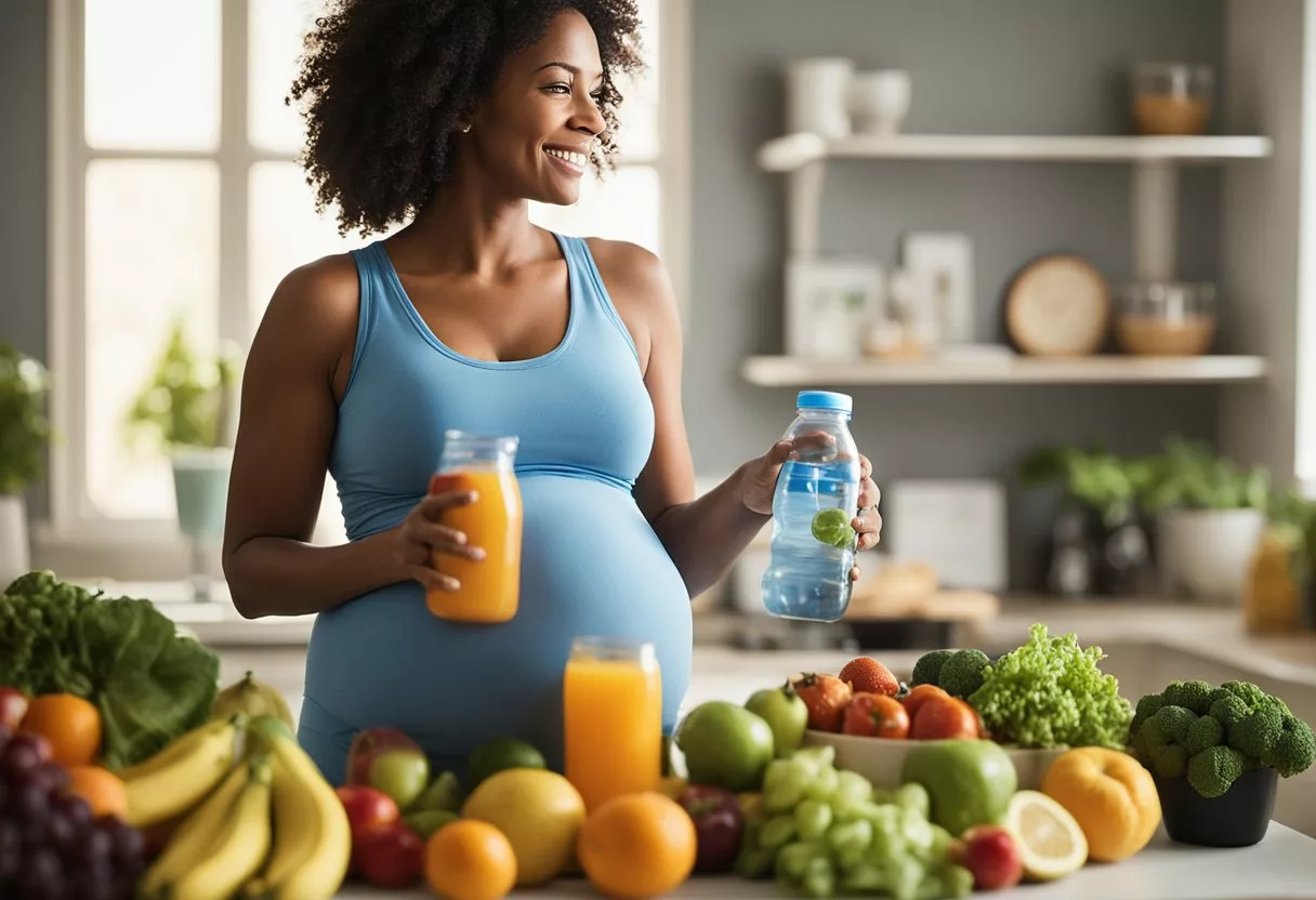 A pregnant woman holds a bottle of electrolyte drink, surrounded by fruits and vegetables. A glowing halo of energy surrounds her, emphasizing the importance of electrolytes during pregnancy