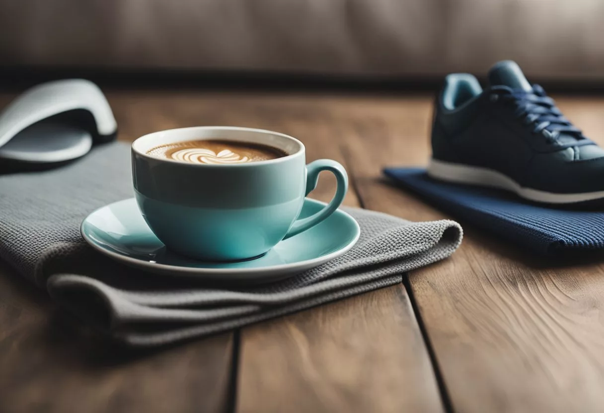 A steaming cup of coffee sits next to a yoga mat and running shoes, symbolizing the role of coffee in a healthy lifestyle