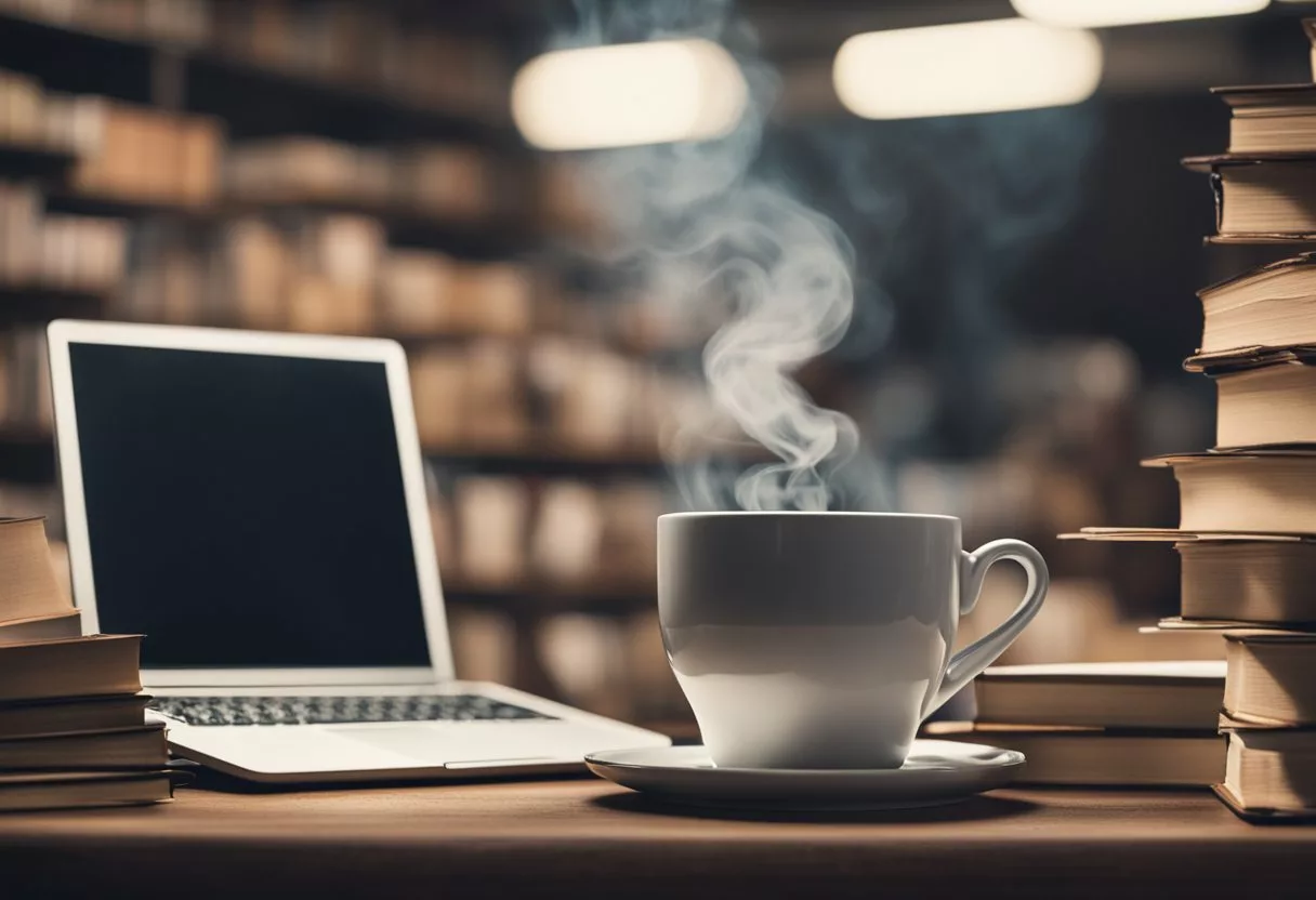 A steaming cup of coffee sits on a table, surrounded by a stack of books and a laptop. A thought bubble with a question mark hovers above the coffee