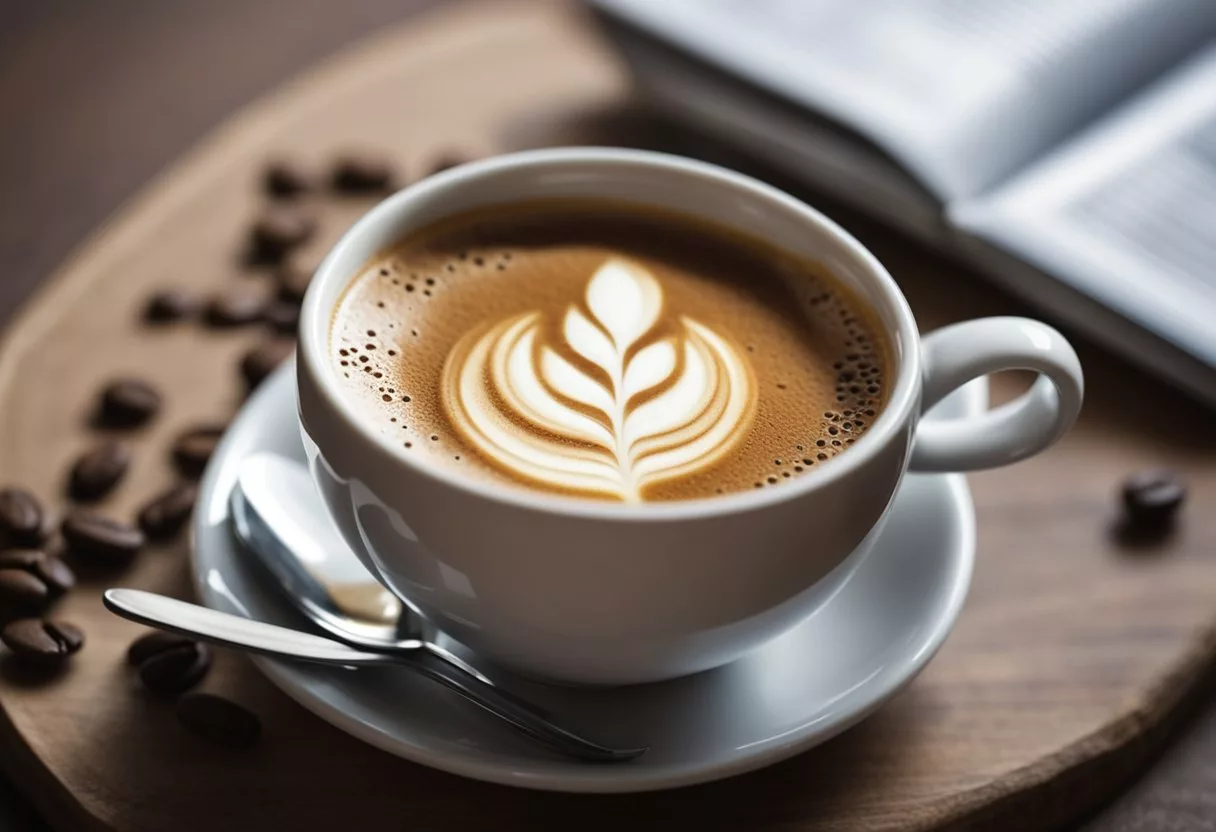 A steaming cup of coffee sits next to a nutritional information label, with a focus on the key health benefits and potential drawbacks of consuming coffee