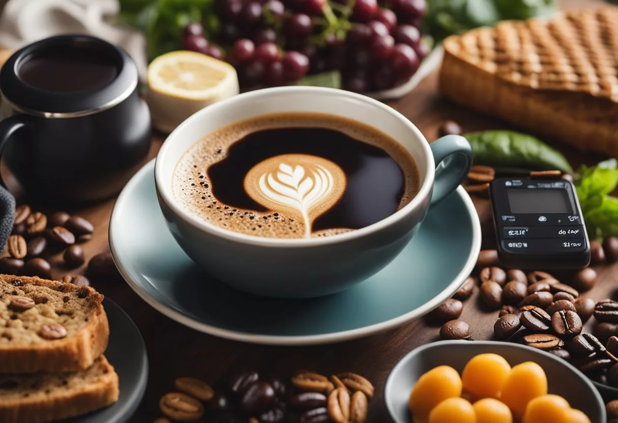A steaming cup of coffee sits on a table, surrounded by a variety of healthy foods and a fitness tracker