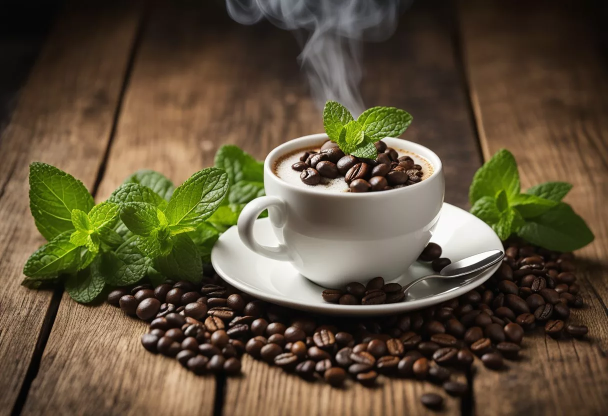 A steaming cup of coffee surrounded by various coffee beans and a sprig of fresh mint on a rustic wooden table