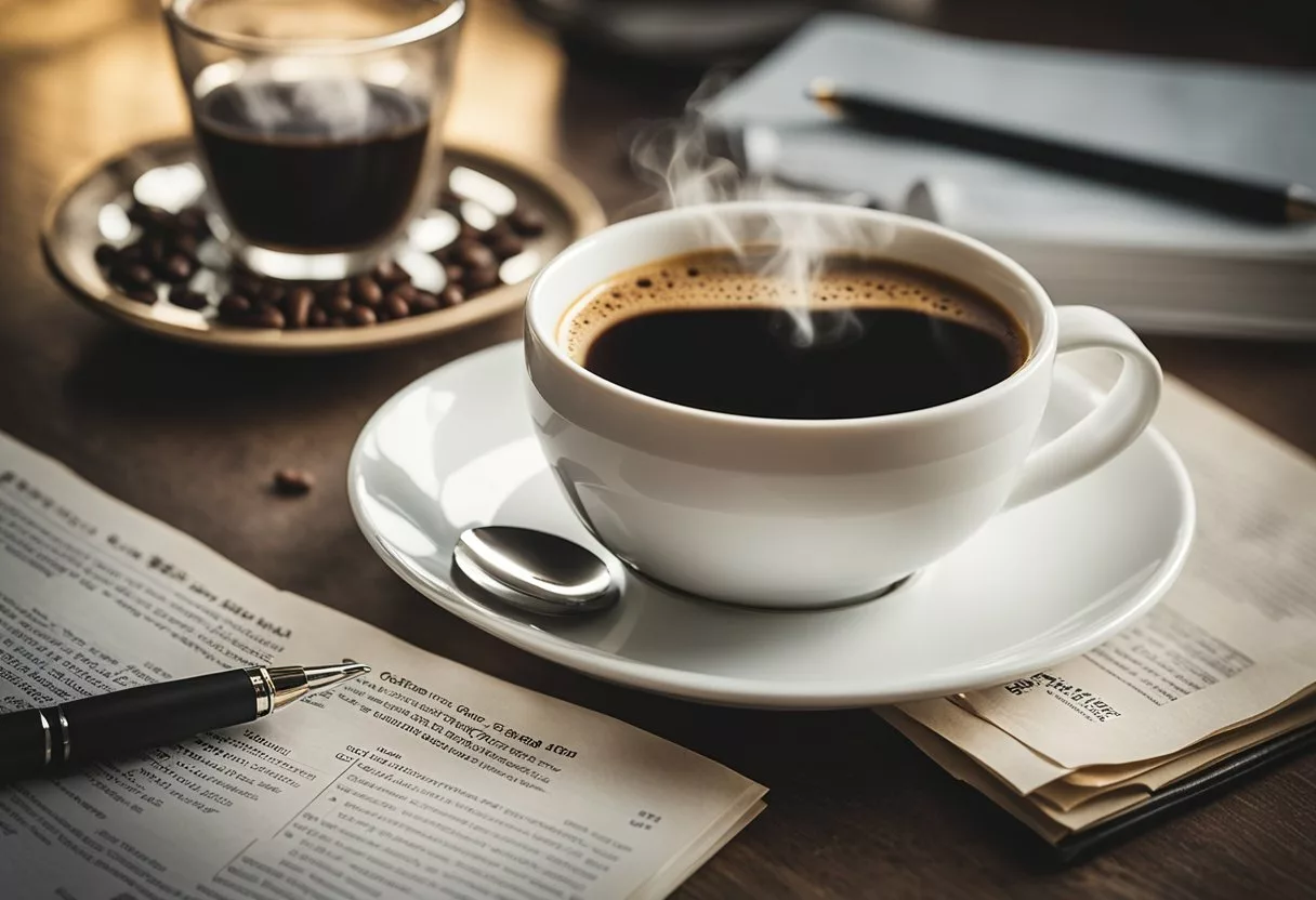 A steaming cup of coffee sits next to a stack of research papers and a pen. The words "Is coffee good for health?" are written at the top of the page