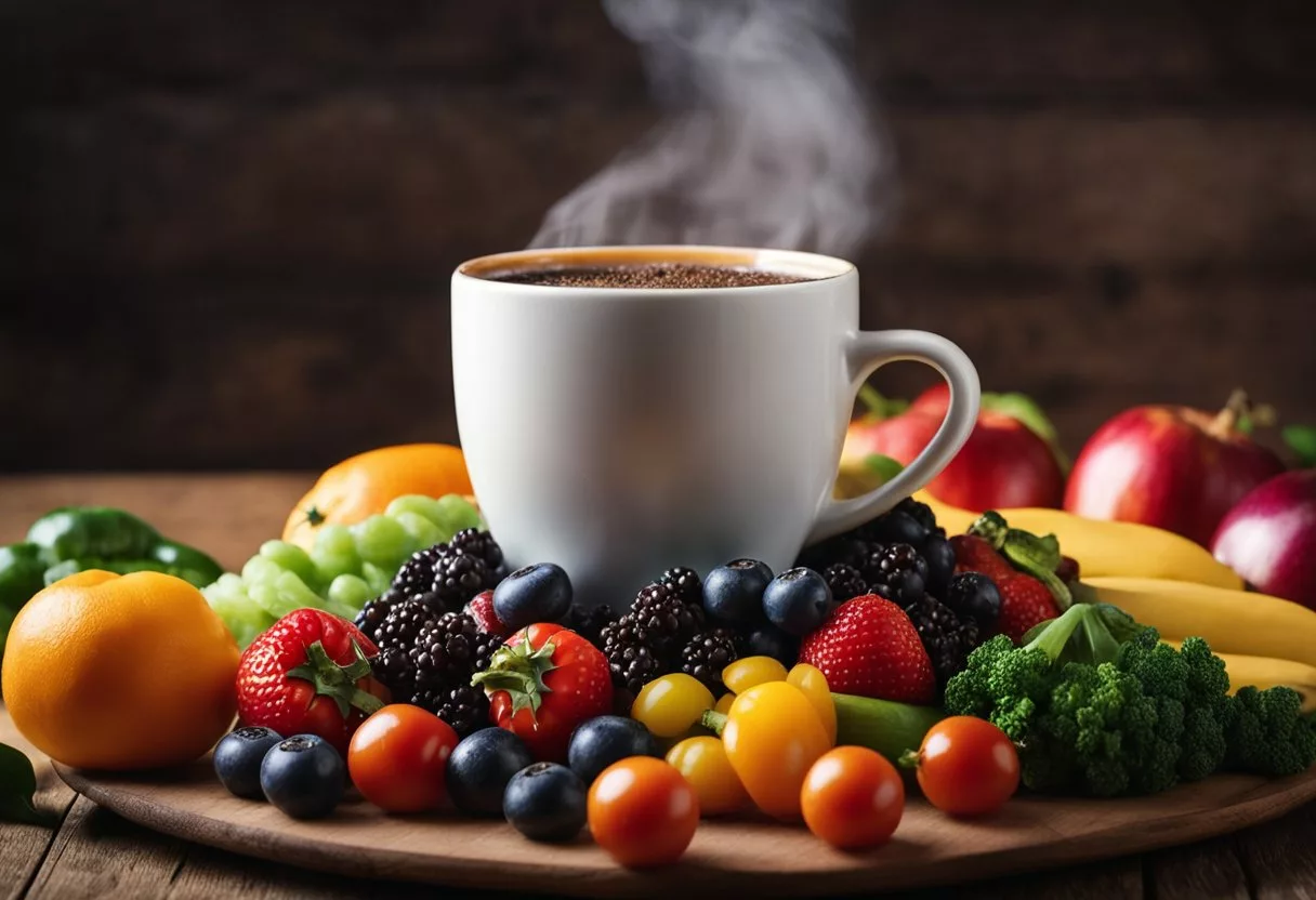 A steaming cup of coffee surrounded by various fruits and vegetables, with a heart symbolizing health benefits